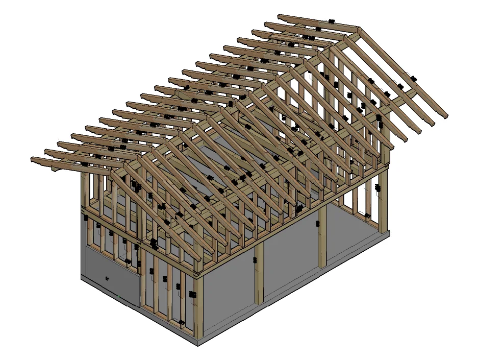 Planblatt mit 3D-Ansichten, Giebelansicht und Seitenansicht des Tragwerks